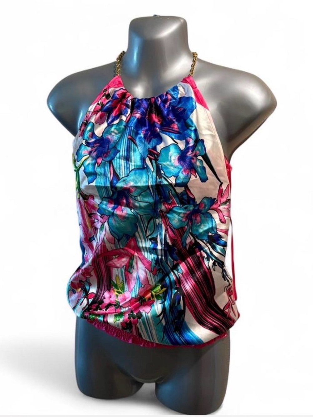 Beautiful Cache Vibrant Floral Silk Halter Chain-Accent Tank Top - Pink & Blue